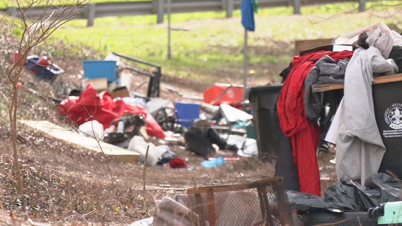 Homeless camp off I-65 ramp near Woodbine Street in Old Louisville